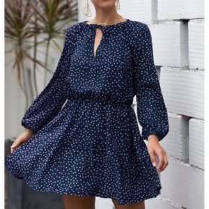 Coeur de Vague Navy Polka Dot Puff-Sleeve A-Line Dress